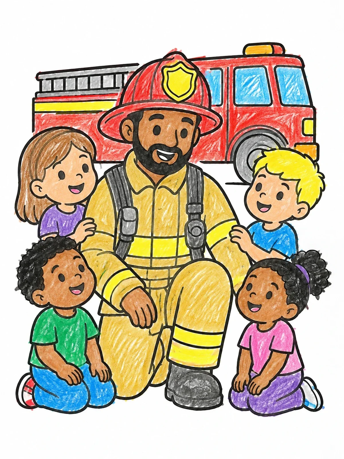 Colored example of the Friendly Firefighter Wearing Helmet With Children coloring page
