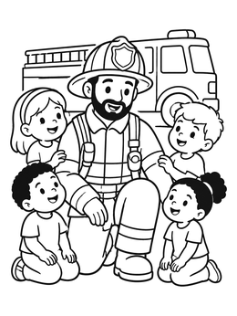Free printable Friendly Firefighter Wearing Helmet With Children coloring page