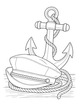 A nautical hat coloring page showing a sailor cap resting next to a ship anchor and rope.