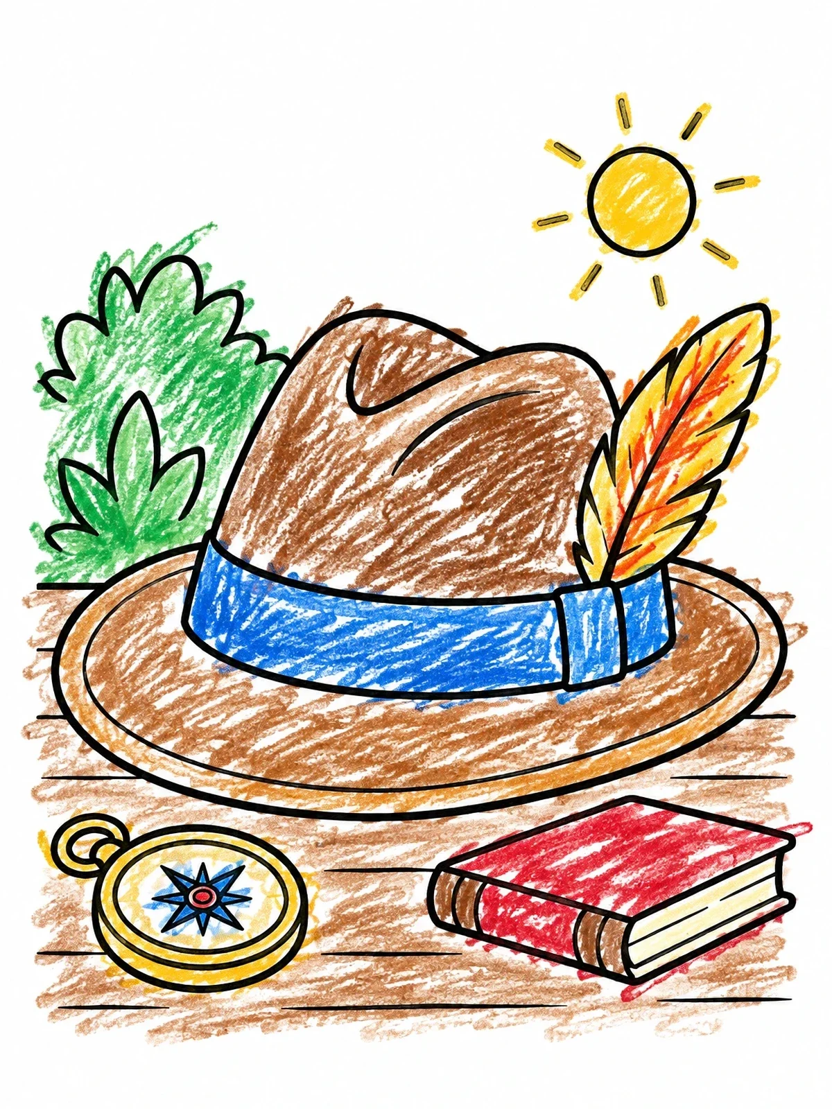 Colored example of the Vintage Fedora With Compass And Journal coloring page