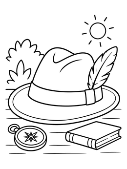 An adventure hat coloring page featuring a fedora with a feather, compass, and book under a shining sun.