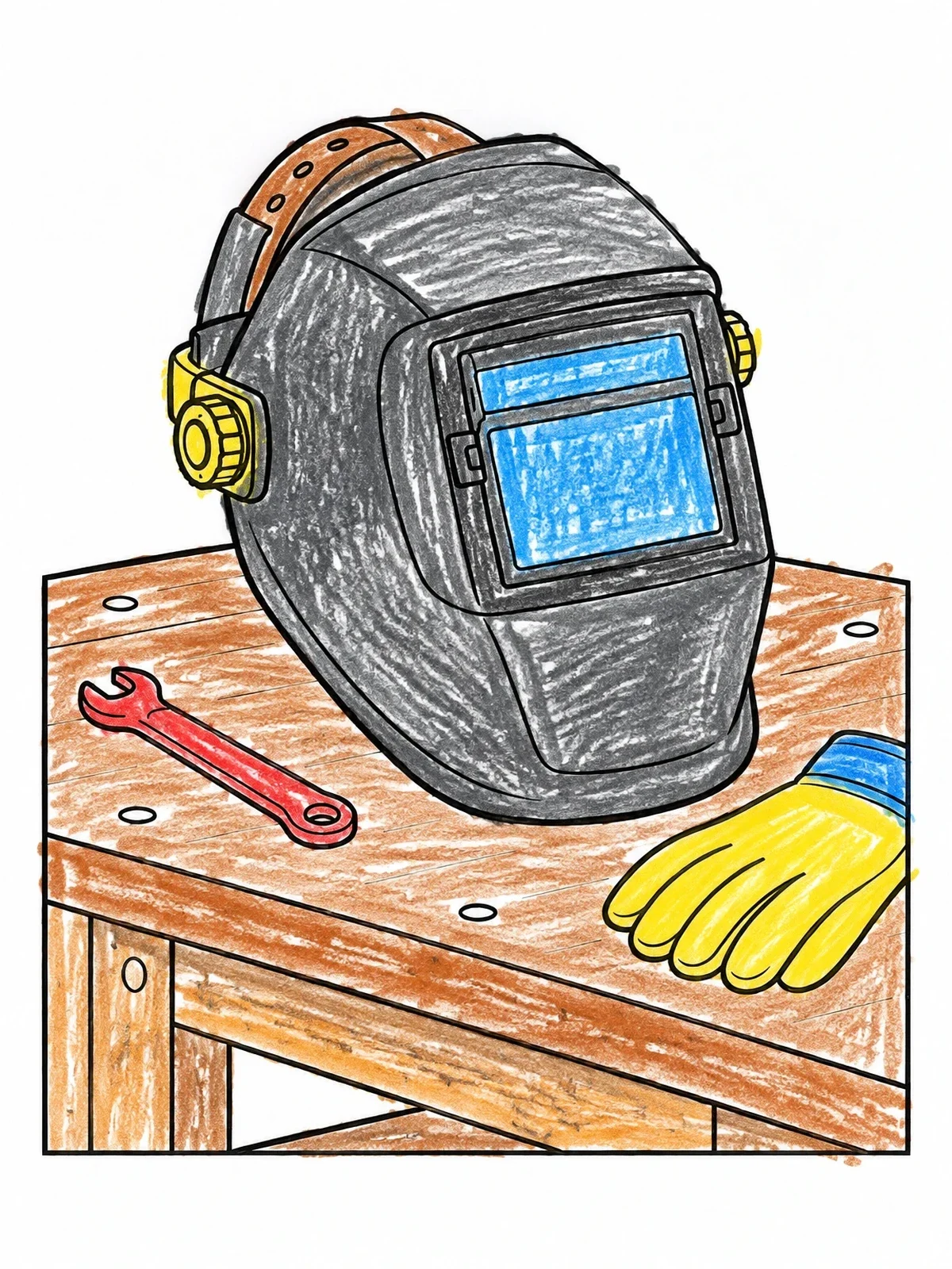 Colored example of the Welding Helmet On Workbench coloring page