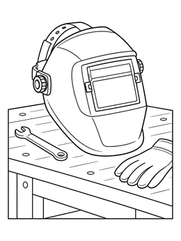 A detailed protective headgear in this hat coloring page resting on a work table.