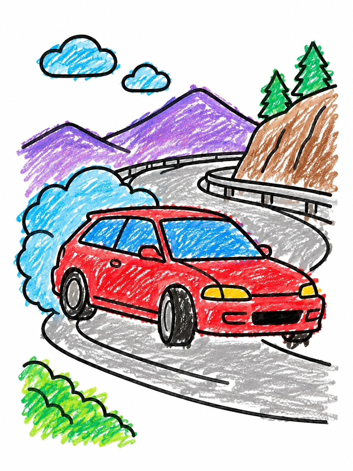 Colored example of the Hatchback Drifting On Mountain Road coloring page