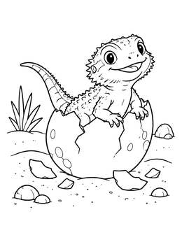 A cheerful baby lizard on this bearded dragon coloring page hatches from a cracked egg in the sand.