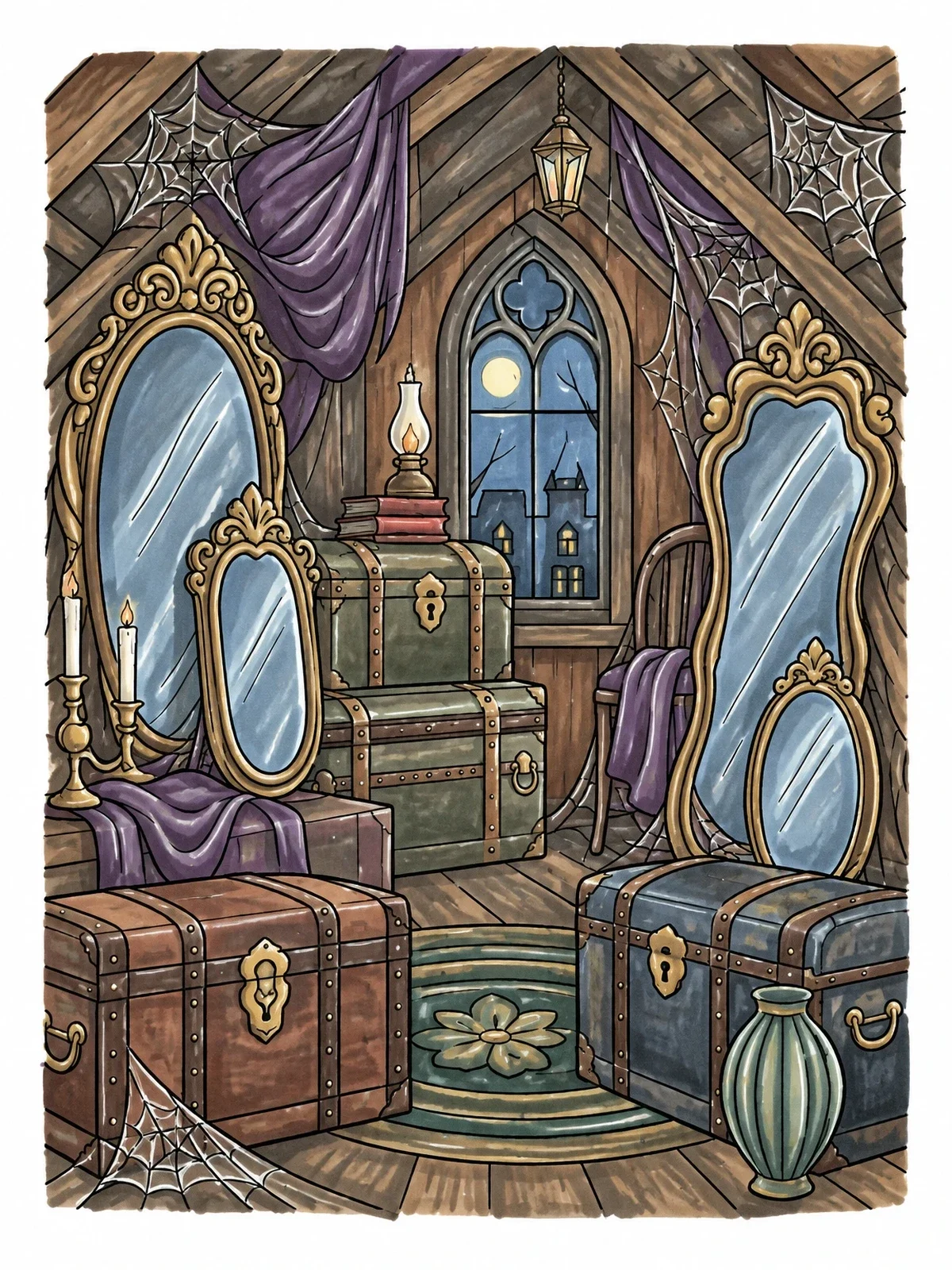 Colored example of the Antique Attic With Mirrors And Trunks coloring page
