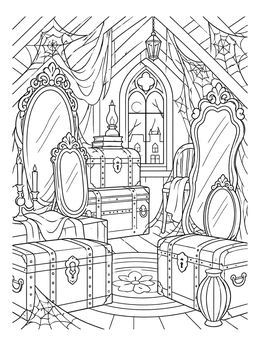 Cobwebs hang above trunks and ornate mirrors in this haunted house coloring page.