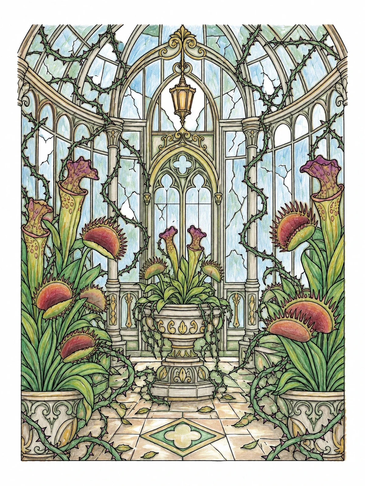 Colored example of the Haunted Conservatory Carnivorous Plants coloring page