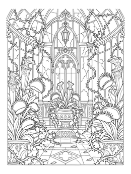 Carnivorous plants inside a Gothic glasshouse in this haunted house coloring page.