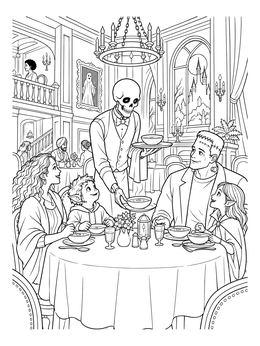Free printable Monster Family In Hotel Restaurant coloring page