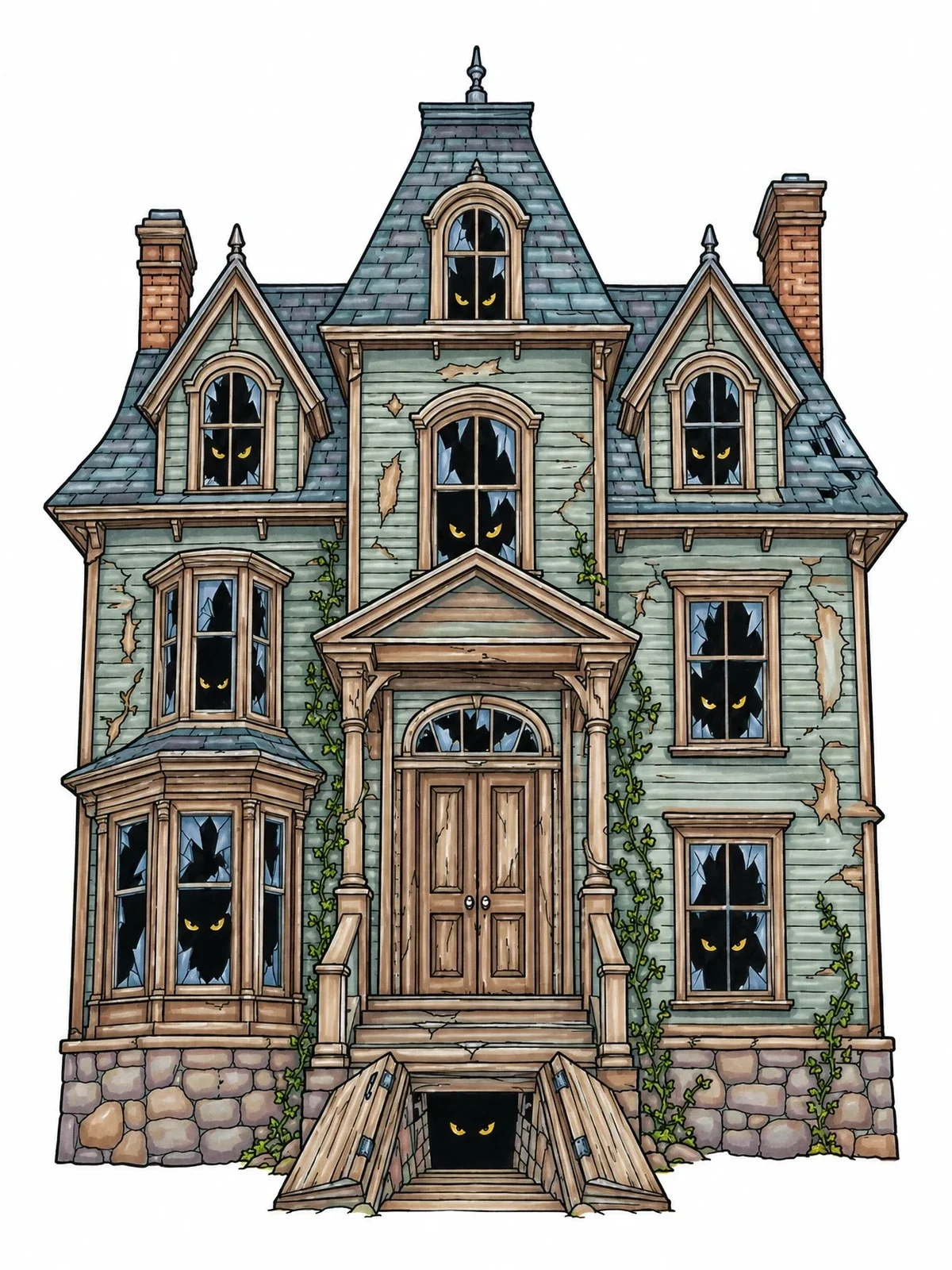 Colored example of the Dilapidated Manor With Watching Eyes coloring page