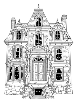 A creepy mansion with glowing eyes in broken windows on this haunted house coloring page.