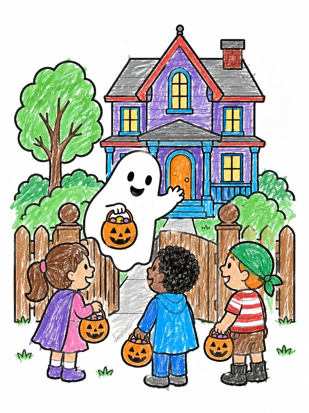 Colored example of the Friendly Ghost Welcoming Trick Or Treaters coloring page
