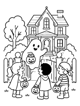 Kids visiting a friendly ghost in this haunted house coloring page.