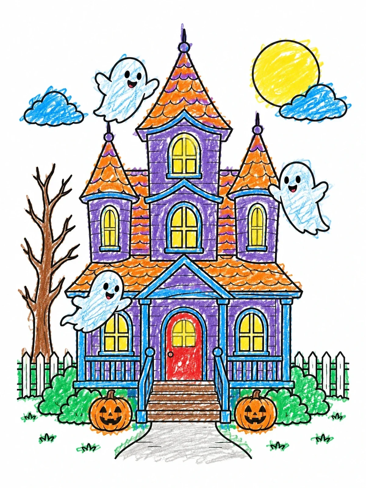 Colored example of the Friendly Ghosts Around Spooky Manor coloring page