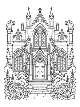 A gothic revival estate facade in this detailed haunted house coloring page.