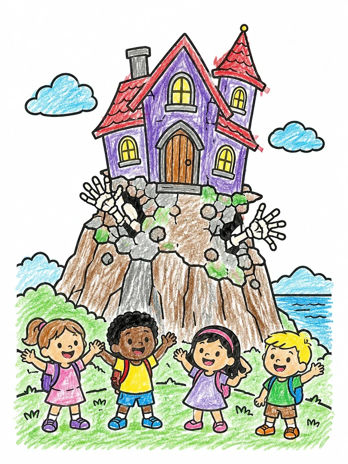 Colored example of the Kids Visiting A Spooky Cliff House coloring page