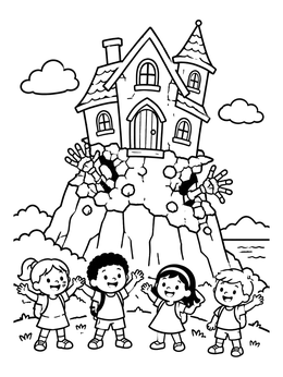 A haunted house coloring page with four happy children standing in front of a spooky mansion on a cliff.