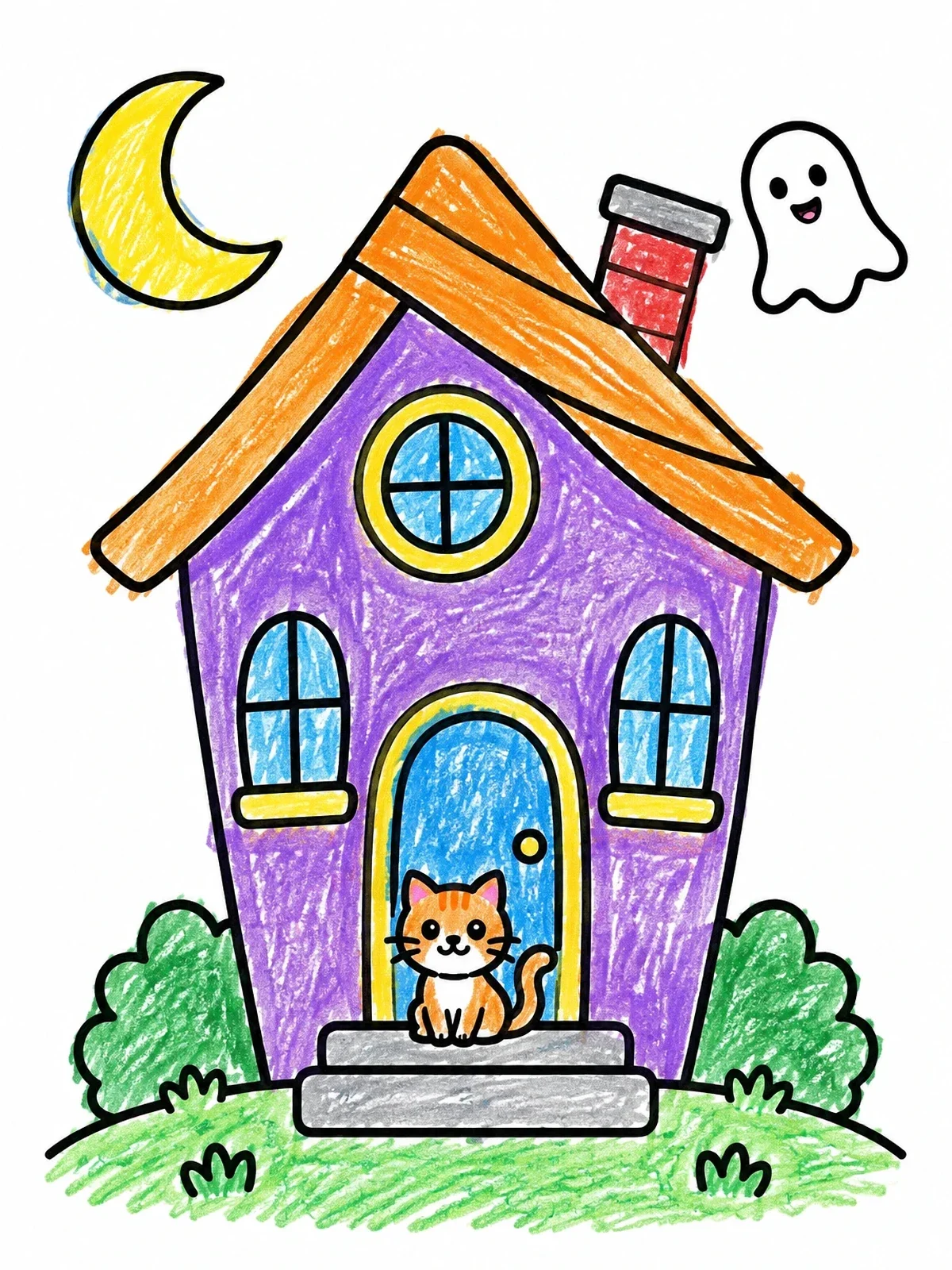 Colored example of the Cute Haunted House With Kitten coloring page