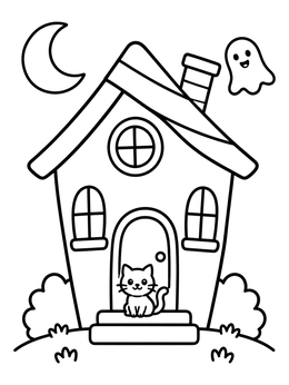 Free printable Cute Haunted House With Kitten coloring page