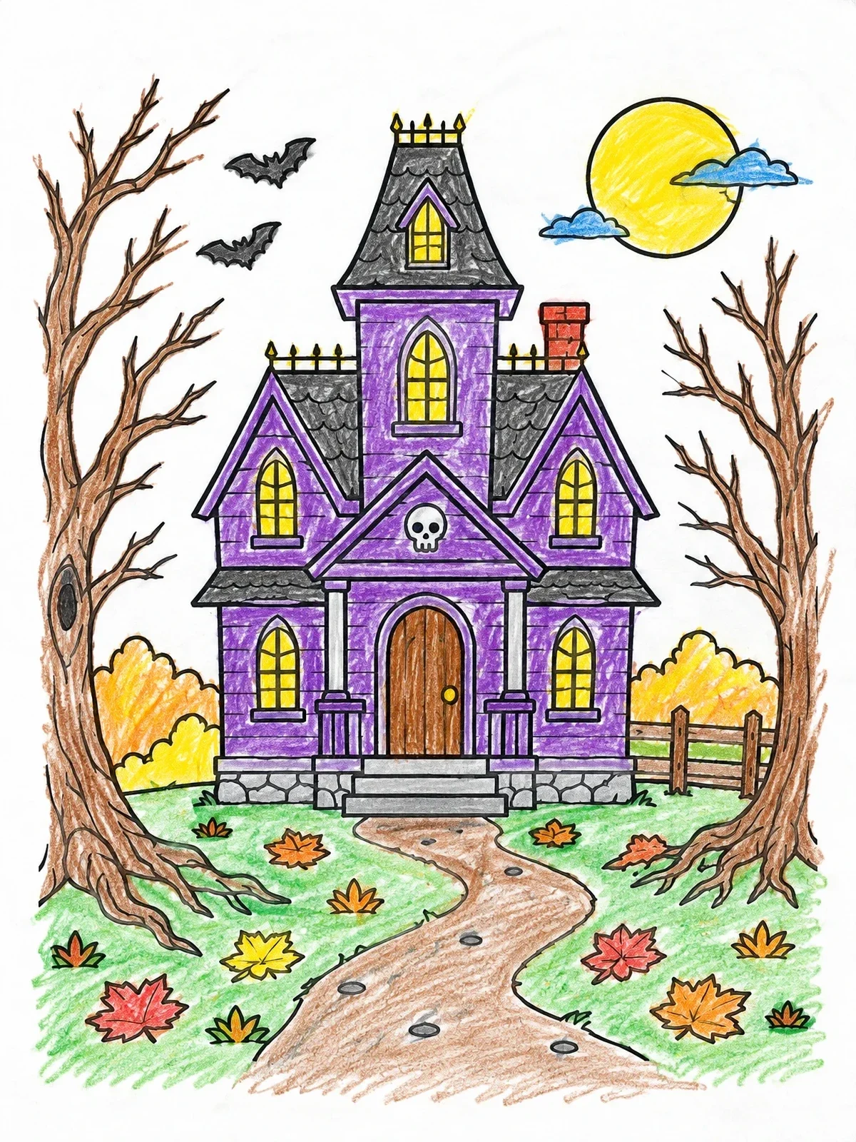Colored example of the Spooky House With Autumn Trees coloring page