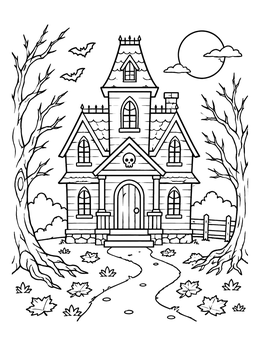 Free printable Spooky House With Autumn Trees coloring page