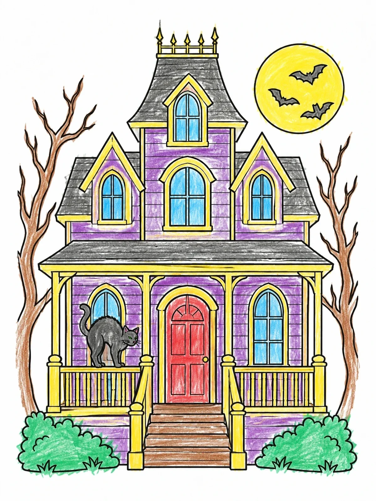 Colored example of the Spooky House With Arched Cat coloring page