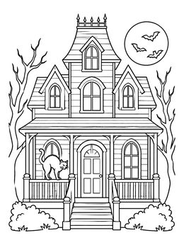 A cat perches on a porch in this spooky haunted house coloring page under a full moon.
