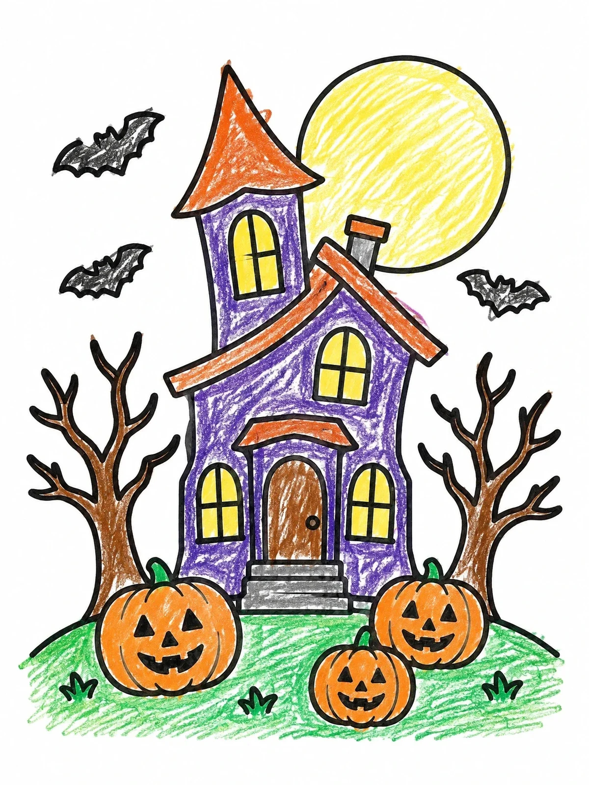 Colored example of the Spooky House With Smiling Pumpkins coloring page