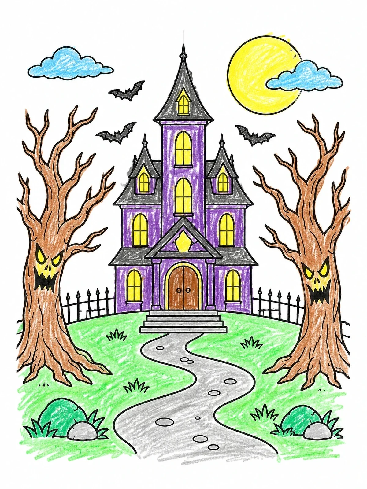 Colored example of the Spooky Manor And Creepy Trees coloring page