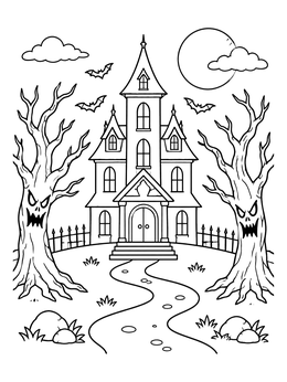 A spooky haunted house coloring page with bats, a full moon, and scary gnarled trees.