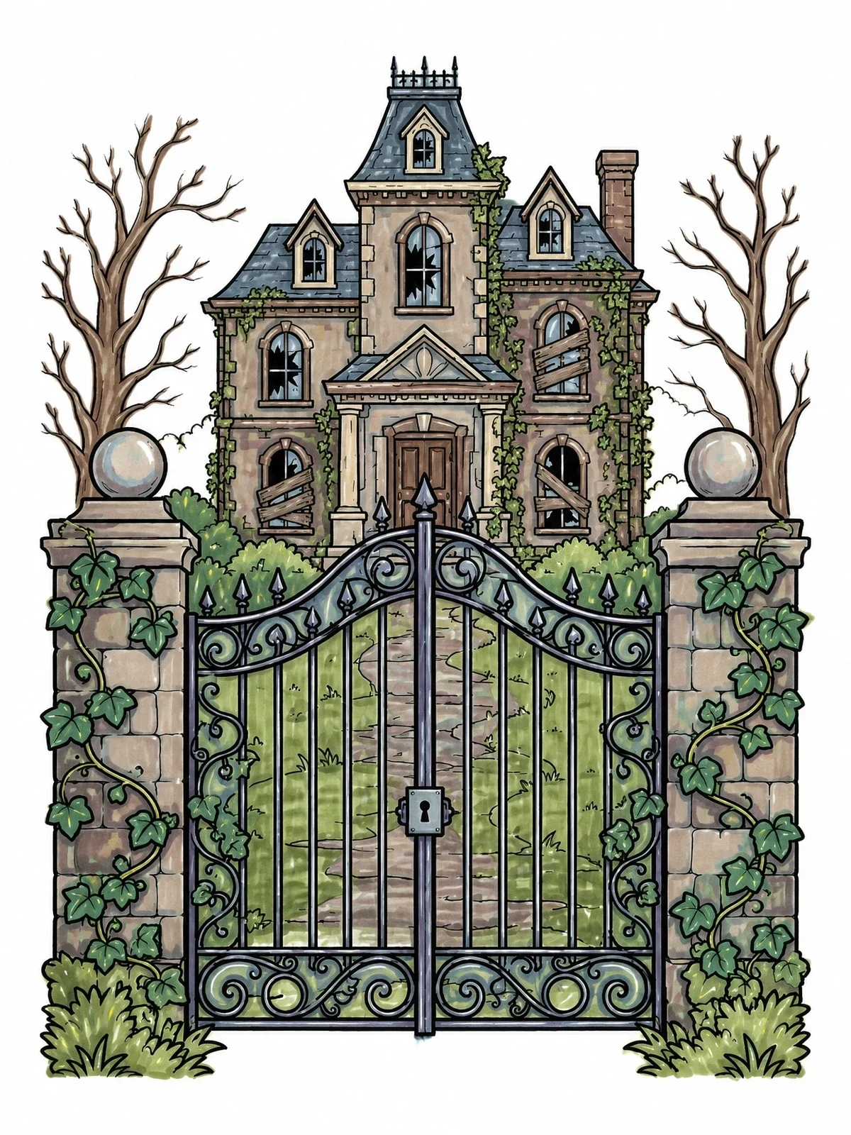 Colored example of the Spooky Mansion Behind Wrought Iron Gates coloring page