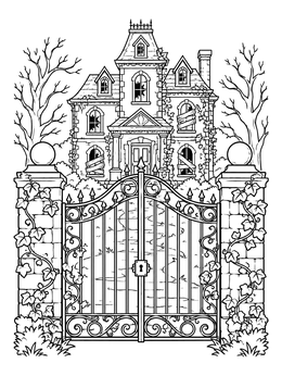 An ornate gate stands before a creepy Victorian manor in this haunted house coloring page.