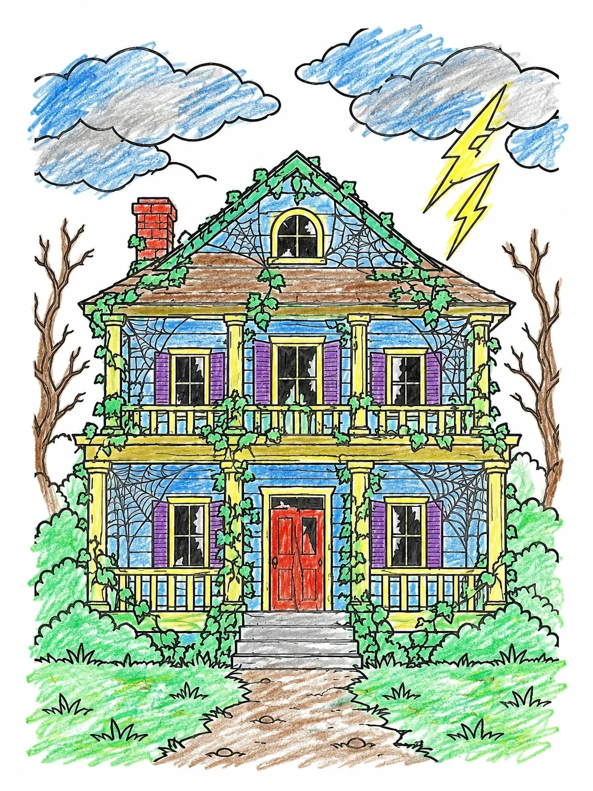 Colored example of the Spooky Old House Under Lightning coloring page
