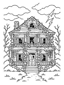 An eerie mansion beneath stormy skies on this haunted house coloring page.