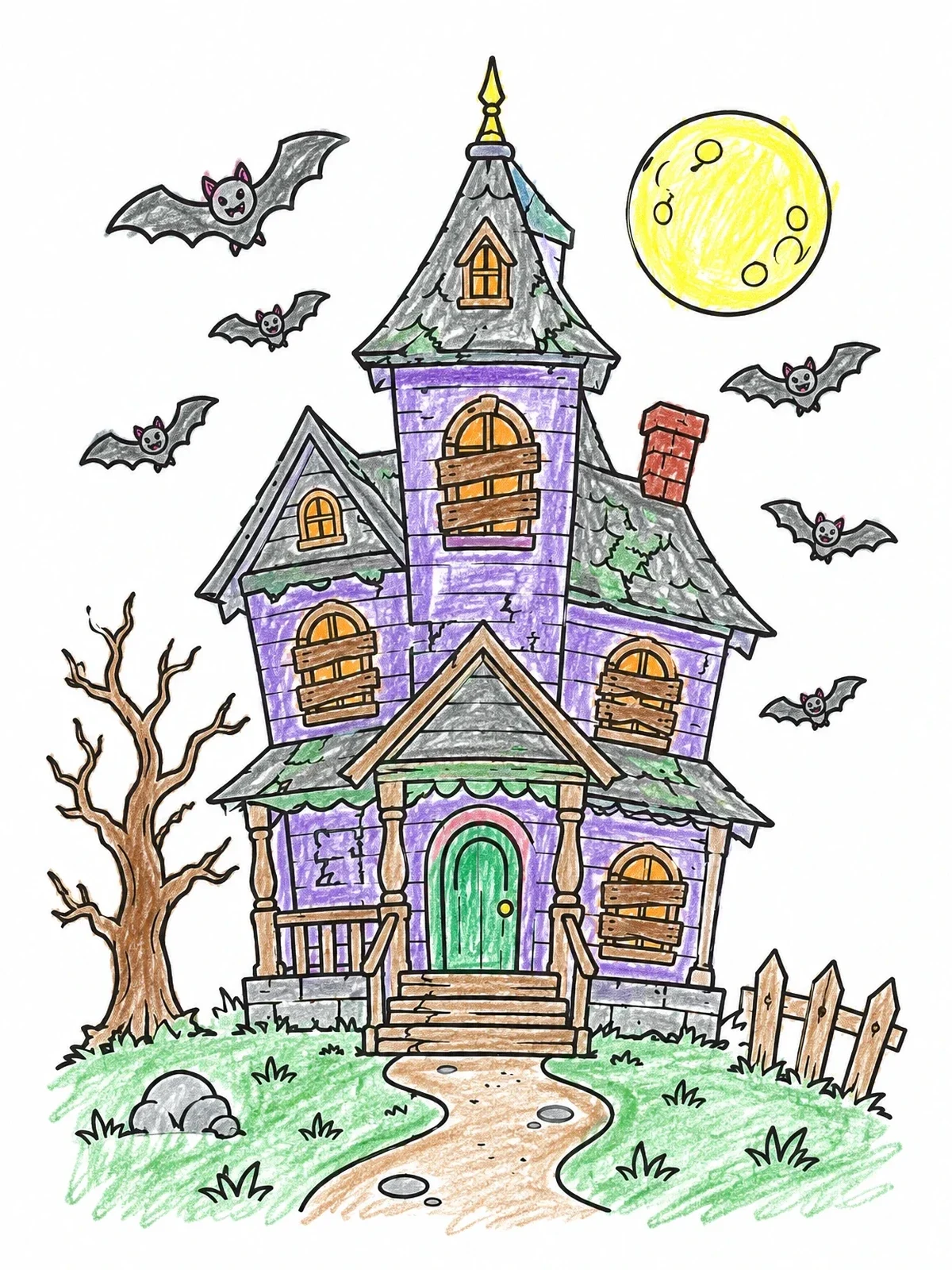 Colored example of the Spooky Victorian Mansion With Bats coloring page