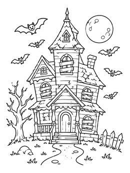 A haunted house coloring page with flying bats, full moon, and bare tree.