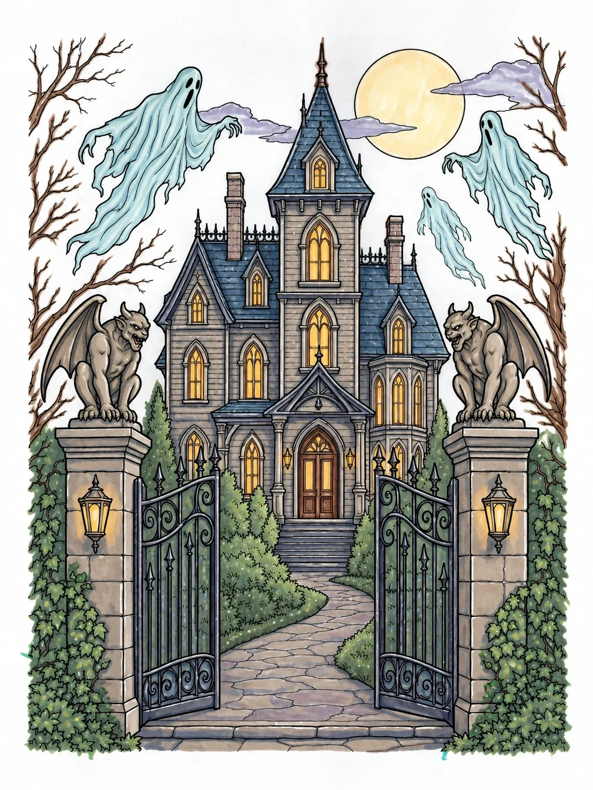 Colored example of the Haunted Mansion With Gargoyles And Ghosts coloring page