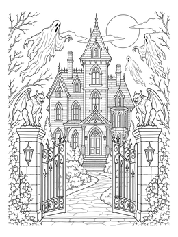 A detailed haunted house coloring page featuring gargoyles on gate pillars and flying ghosts under a full moon.