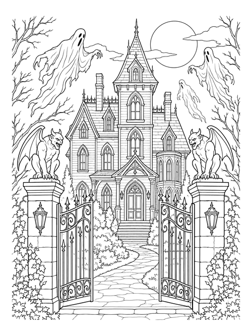 Haunted Mansion with Gargoyles and Ghosts coloring page