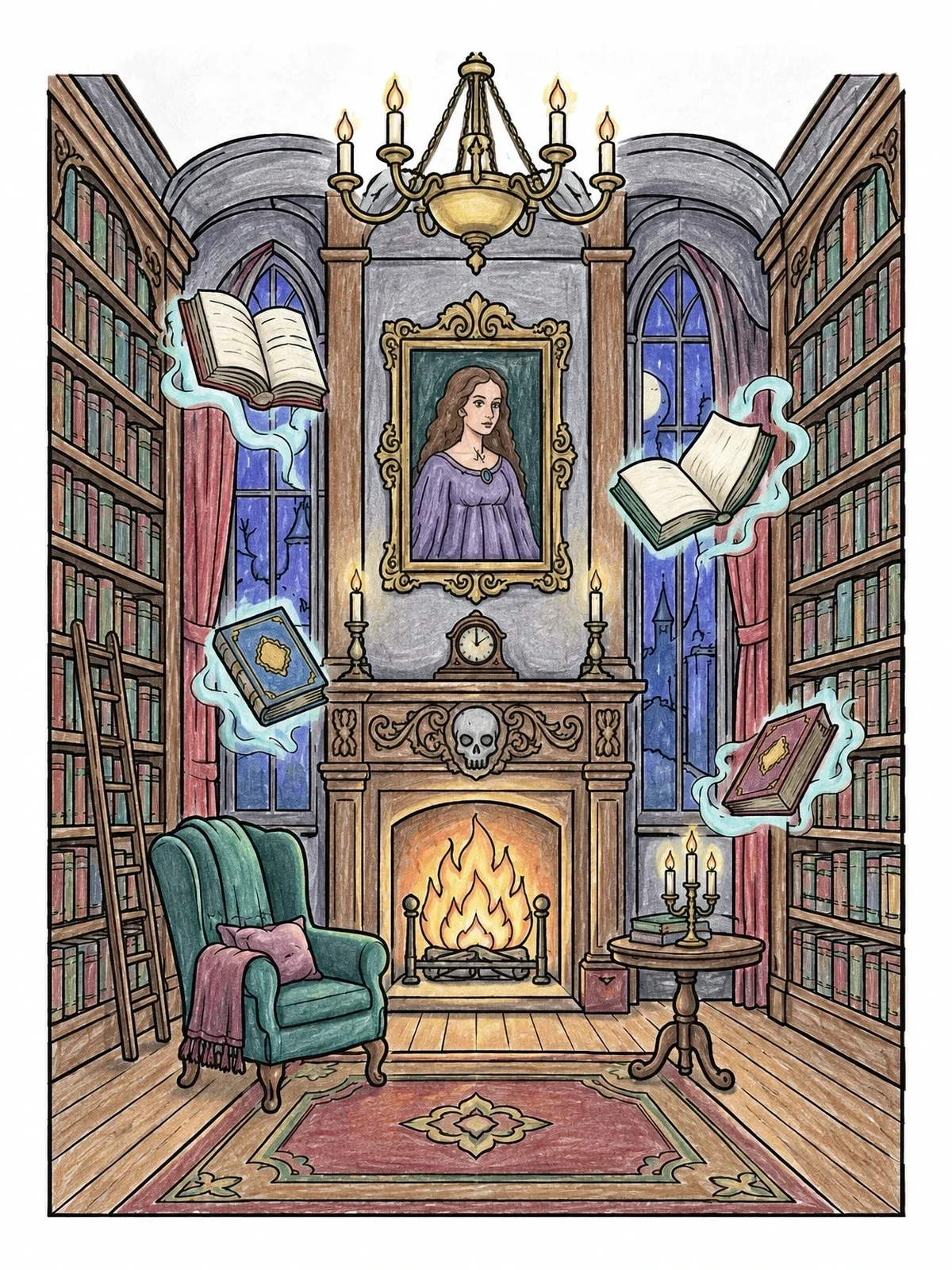Colored example of the Haunted Mansion Library With Floating Books coloring page