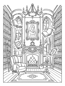 A spooky haunted house coloring page featuring a gothic library with floating books and a warm fireplace.