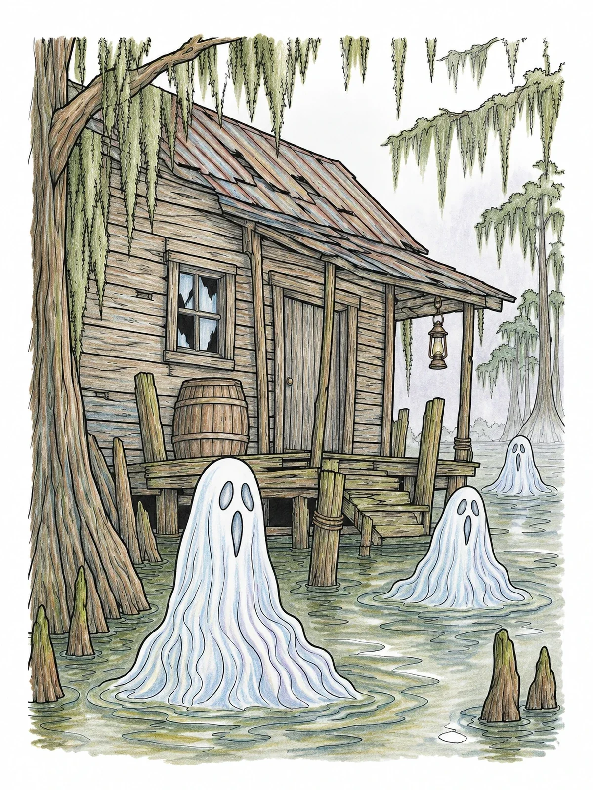 Colored example of the Haunted Swamp Shack And Floating Ghosts coloring page
