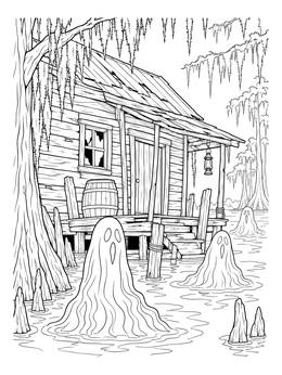A swamp shack with spirits rising from water in this haunted house coloring page.