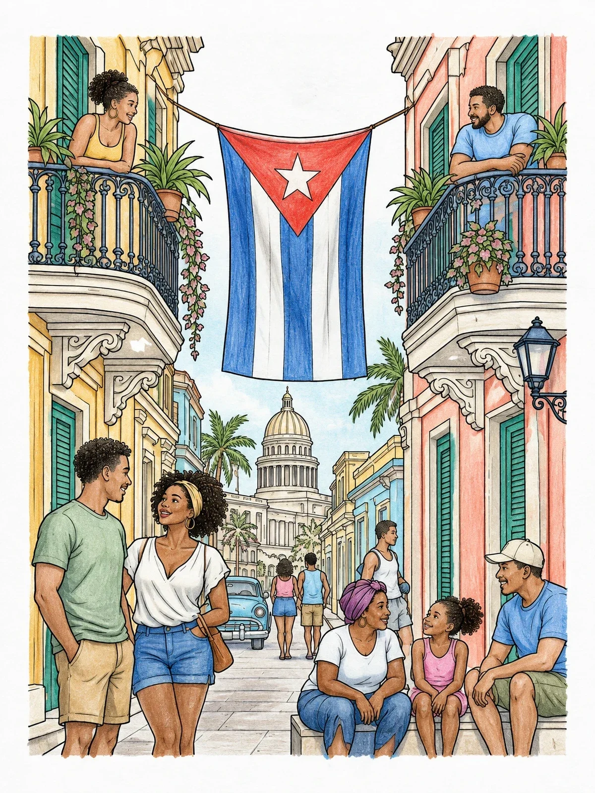 Colored example of the Havana Street With Cuban Flag coloring page