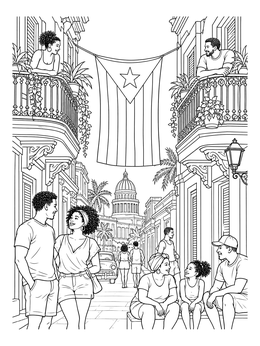 Free printable Havana Street With Cuban Flag coloring page