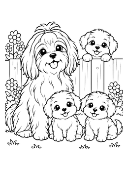 Free printable Havanese Dog With Cute Puppies In The Garden coloring page
