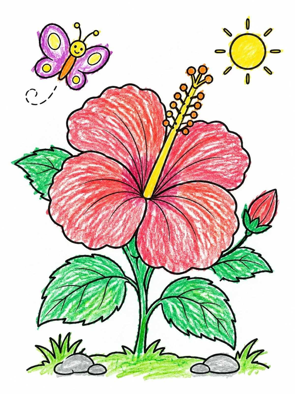 Colored example of the Blooming Hibiscus With Cute Butterfly coloring page