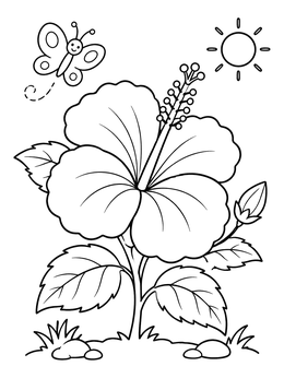 Free printable Blooming Hibiscus With Cute Butterfly coloring page