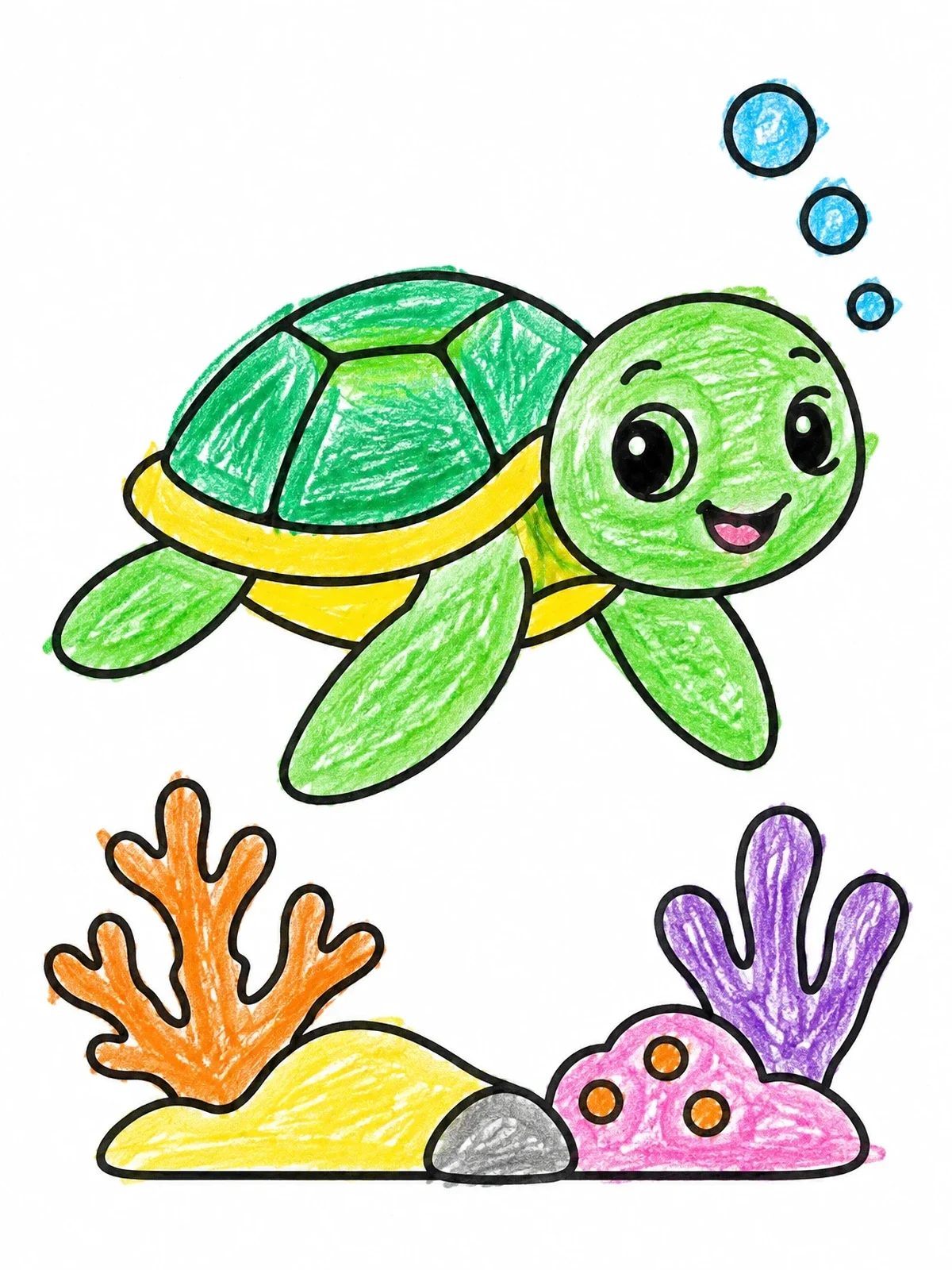 Colored example of the Cheerful Sea Turtle Over Coral coloring page